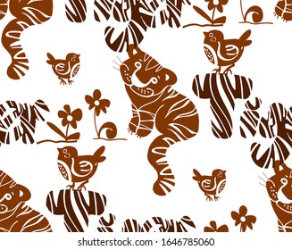 seamless background with a funny tiger cub, bird, flower, plain pattern, brown color, primitive expression, white background, stripes, pattern, funny predator, stylized image of an animal, feline
