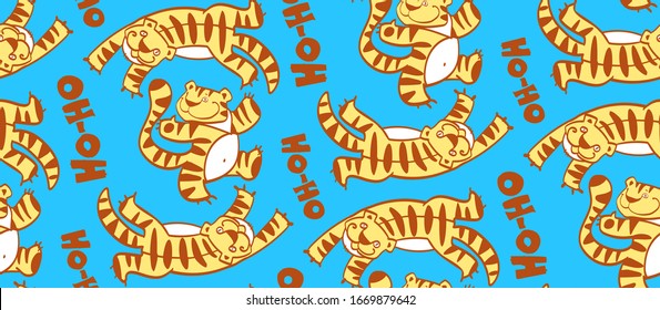 seamless background of funny tiger cubs, text HO-HO, cartoon images of animals, funny predators.