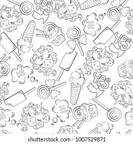 Seamless background funny unicorns with ornament, asterisks, mane, eyes ice cream, candy, cakes, cakes, inscription yes, hello. Lettering. Coloring. Fentezi
