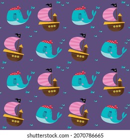 Seamless background with funny whales and ships. Vector illustration in children's cartoon pirate style. Printing on textiles, print design, postcards