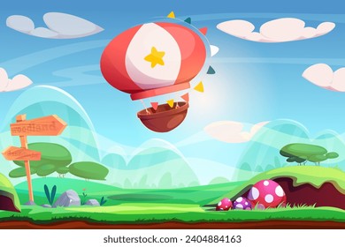 Seamless background for games. Colorful landscape with blimp in sky with clouds, green meadow, hills and mountains. Design element for game graphical interface. Cartoon flat vector illustration