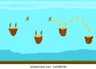 seamless background for games mobile applications and computers. Man runs and collect gold coins. Vector illustration.