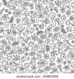 Seamless background with garden elements, tools, plants, flowers. Hand drawn doodles. Black outline on white background.