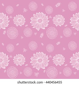 Seamless background garden theme. Repeatable motif with lacy flowers and small bugs and flies. Abstract Nature pattern. Vector illustration.