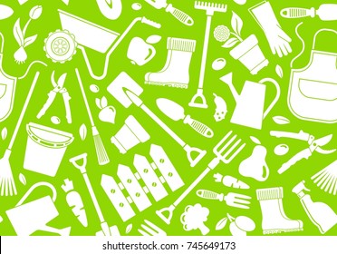 Seamless background of garden tools, equipment and symbols