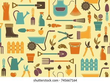 Seamless background of garden tools, equipment and symbols