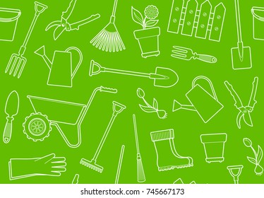 Seamless background of garden tools, equipment and symbols