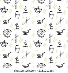 A seamless background of garden tools, hand-drawn doodle-style elements. Young sprouts from the ground. Spring. Background on the theme of garden work. Garden.