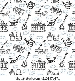 Nahtloser Hintergrund mit Gartenwerkzeugen, handgezeichnet doodle Elemente. Schaufel, Rake, Rollkarren und Zaun. Junge Sprossen aus dem Boden. Frühling. Hintergrund zum Thema Arbeit im Garten. 