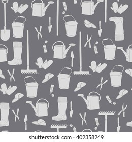 seamless background gardening tools and rubber boots, watering can, bucket, shovel.