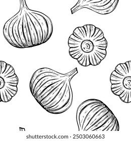 Seamless background with garlic vegetable in hand drawn sketch style
