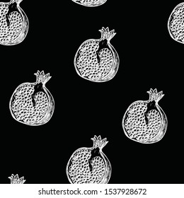 Seamless background with garnet for fabric, web . Hand drawn fresh fruits. Vector illustration on the black background. Organic food.