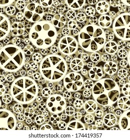 Seamless background of gear wheels in yellow tone.