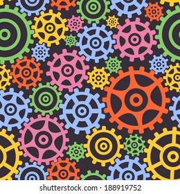 Seamless background from gears. Cogwheels of different color form the abstract mechanism.