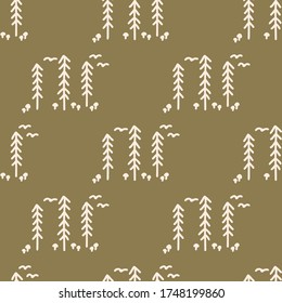 
Seamless background gender neutral baby forest tree pattern. Simple whimsical minimal earthy 2 tone color. Kids nursery wallpaper or boho woodland nature fashion all over print.