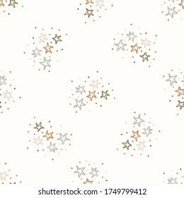 
Seamless background gender neutral baby stars pattern. Simple whimsical minimal earthy 2 tone color. Kids nursery wallpaper or boho sleepwear fashion all over print.