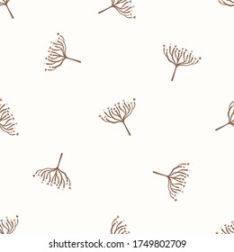 Seamless background gender neutral baby dandelion seed pattern. Simple whimsical minimal earthy 2 tone color. Kids nursery seedpod wallpaper or boho fashion all over print.