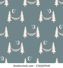 Seamless background gender neutral baby forest hammock at starry night pattern. Simple whimsical minimal earthy 2 tone color. Kids nursery wallpaper or boho camping fashion all over print.

