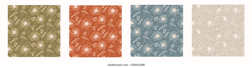 Seamless background gender neutral baby floral pattern. Simple whimsical minimal earthy 2 tone color. Kids nursery flower wallpaper or boho fashion all over print.