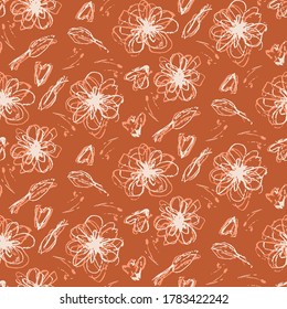 
Seamless background gender neutral baby floral pattern. Simple whimsical minimal earthy 2 tone color. Kids nursery flower wallpaper or boho doodle fashion all over print.