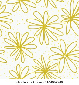 Seamless background gender neutral baby floral pattern. Simple whimsical minimal earthy 2 tone color. Kids nursery wallpaper or boho fashion all over print. Doodle line art yellow white 