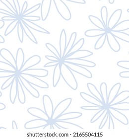 Seamless background gender neutral baby floral pattern. Simple whimsical minimal earthy 2 tone color. Kids nursery wallpaper or boho fashion all over print. Doodle line art french blue on white