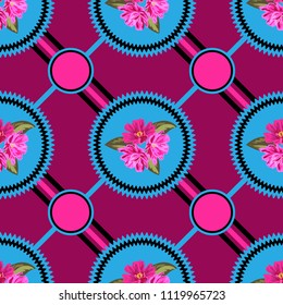 Seamless background with gentle garden flowers and geometric ornaments. Design for cloth, wallpaper, gift wrapping. Print for silk, calico and home textiles.Vintage natural pattern