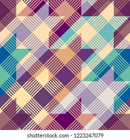 Seamless background. Geometric abstract diagonal plaid pattern in patchwork style. Pastel colors. Vector image.