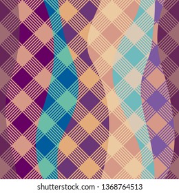 Seamless background. Geometric abstract diagonal plaid pattern in patchwork style. Pastel colors. Vector image.