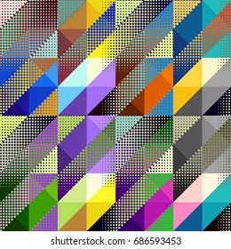 Seamless background. Geometric abstract diagonal pattern in low poly pixel art style and halftone dots.
