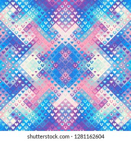 Seamless background. Geometric abstract low poly pattern with hearts. Unusual Valentines day background.