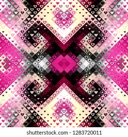 Seamless background. Geometric abstract low poly pattern with hearts. Unusual Valentines day background.