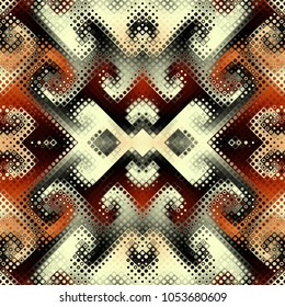 Seamless background. Geometric abstract symmetric pattern in low poly pixel art style. Polka dot pattern on low poly background. Vector image.