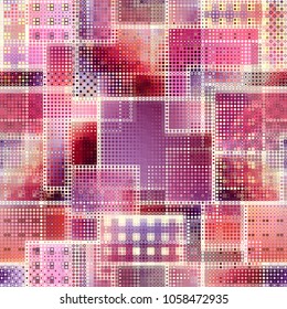 Seamless background. Geometric abstract symmetric pattern in low poly pixel art style. Polka dot pattern on low poly background. Vector image.