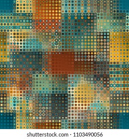Seamless background. Geometric abstract symmetric pattern in low poly pixel art style. Polka dot pattern on low poly background. Vector image.