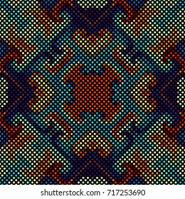 Seamless background. Geometric abstract symmetric pattern in low poly pixel art style. Polka dot pattern on black baclground
