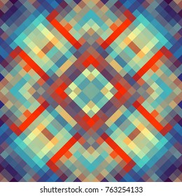 Seamless background. Geometric abstract symmetric pattern in low poly pixel art style.