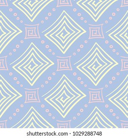 Seamless background with geometric pattern. Pink and beige elements on blue backdrop for textile and wallpapers
