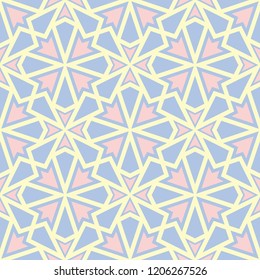 Seamless background with geometric pattern. Pink and beige elements on blue backdrop for textile and wallpapers