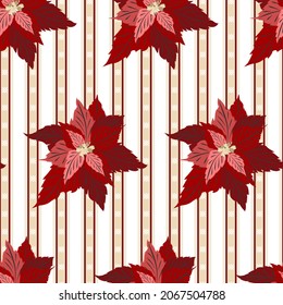 Seamless background with geometric patterns and poinsettia flower in the classic colors of Christmas - red, beige. Vector illustration, for wrapping paper, fabric, wallpaper, covers, backgrounds, web