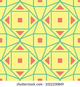 Seamless background with geometric shaped elements. Bright yellow background with pink and green design for wallpapers, textile and fabrics