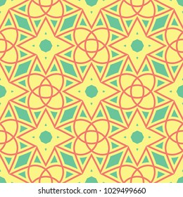 Seamless background with geometric shaped elements. Bright yellow background with pink and green design for wallpapers, textile and fabrics