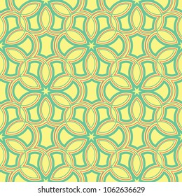 Seamless background with geometric shaped elements. Bright yellow background with pink and green design for wallpapers, textile and fabrics