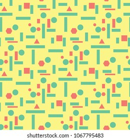 Seamless background with geometric shaped elements. Bright yellow background with pink and green design for wallpapers, textile and fabrics