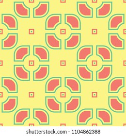 Seamless background with geometric shaped elements. Bright yellow background with pink and green design for wallpapers, textile and fabrics