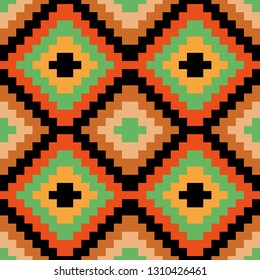 seamless background of geometric stair pattern in green, orange, black and brown
