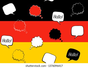 Seamless background with Germany flag and speech bubbles with greeting in German. Vector illustration