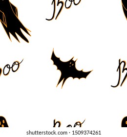 Seamless background, ghost and text, hand-drawn, cartoon sketch. Minimal concept. Festive design for invitations and greetings, Vector