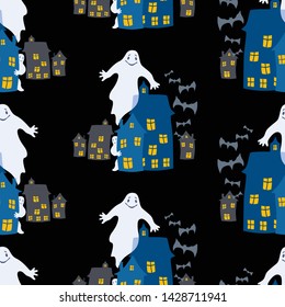 Seamless background of ghosts in the city on Halloween night