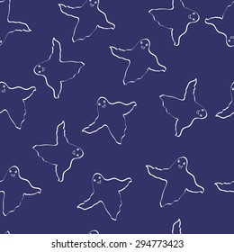 Seamless background with ghosts, vector illustration. Halloween theme party pattern. Design element for cards, poster, banner, web, flyer, scrapbook, wallpaper. 